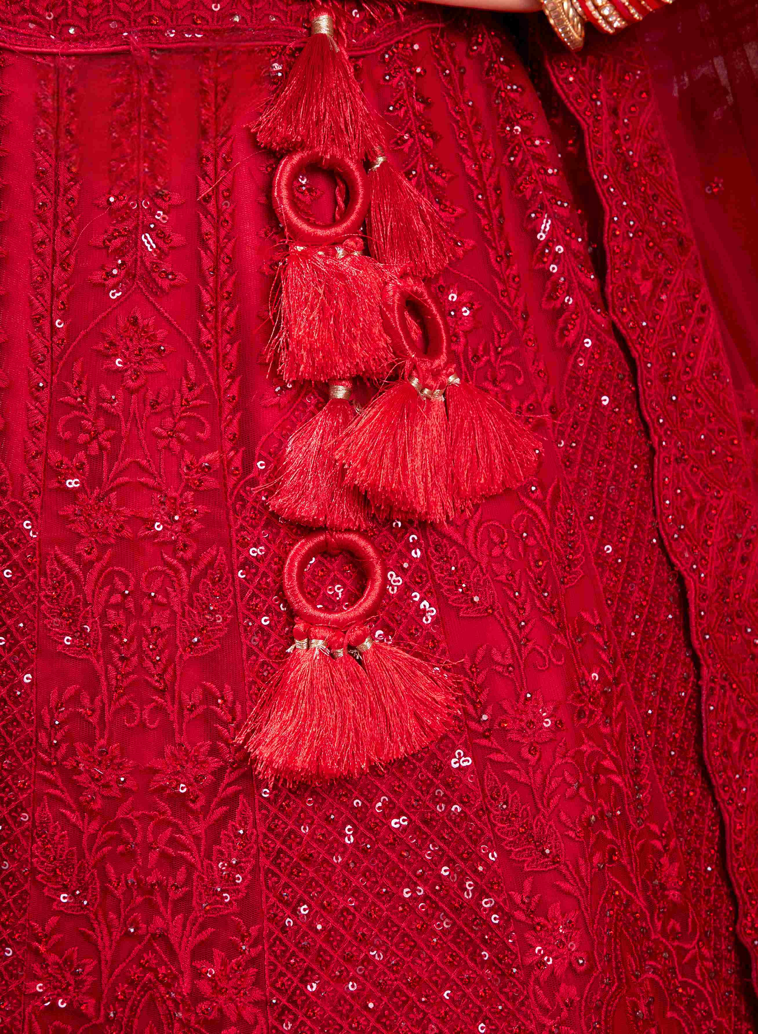 Red Net Zarkan With Latkan Bridal Lehenga Choli