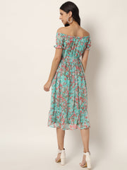 Sea Green Georgette Floral Print Midi Dress