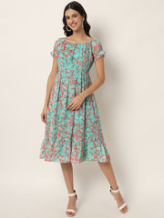 Sea Green Georgette Floral Print Midi Dress