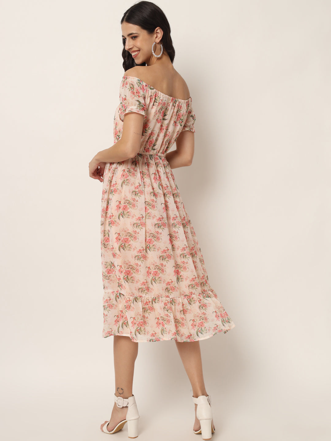 Peach Georgette Floral Print Midi Dress