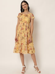 Yellow Georgette Floral Print Midi Dress