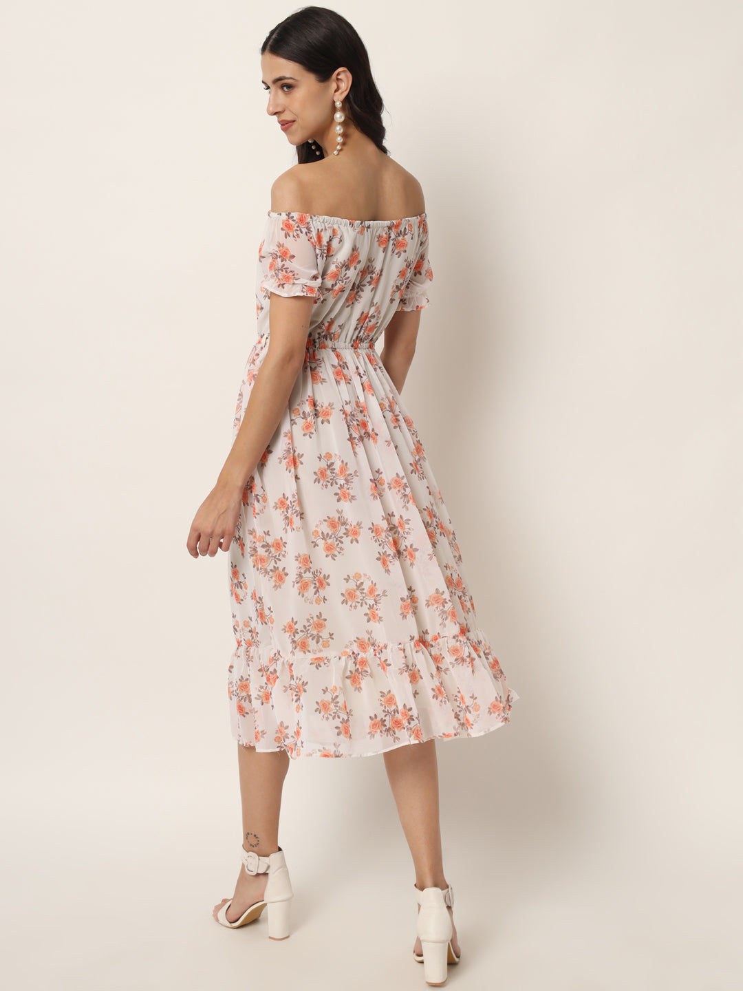 Off White Georgette Floral Print Midi Dress