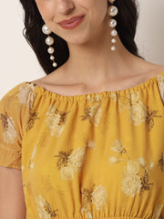 Mustard Georgette Floral Print Midi Dress