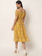 Mustard Georgette Floral Print Midi Dress