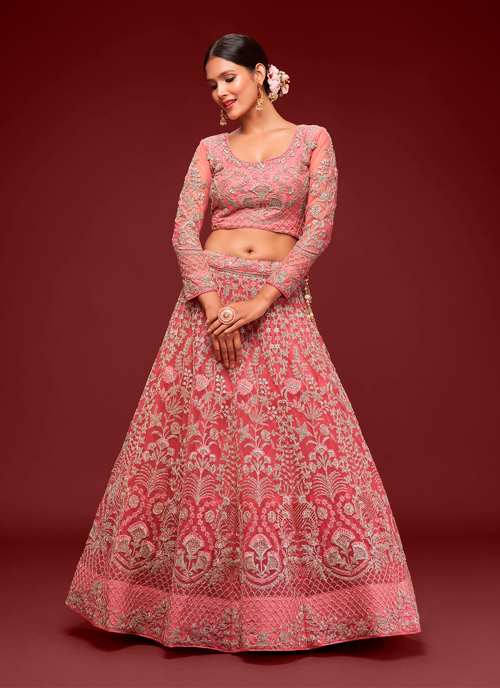 Lehenga Choli en filet brodé Zari rose clair