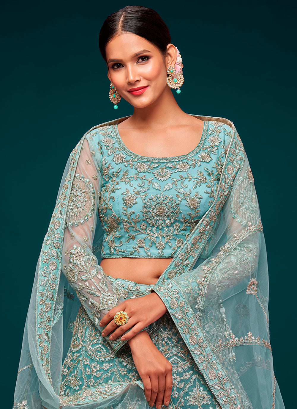 Aqua Zari Embroidered Net Lehenga Choli