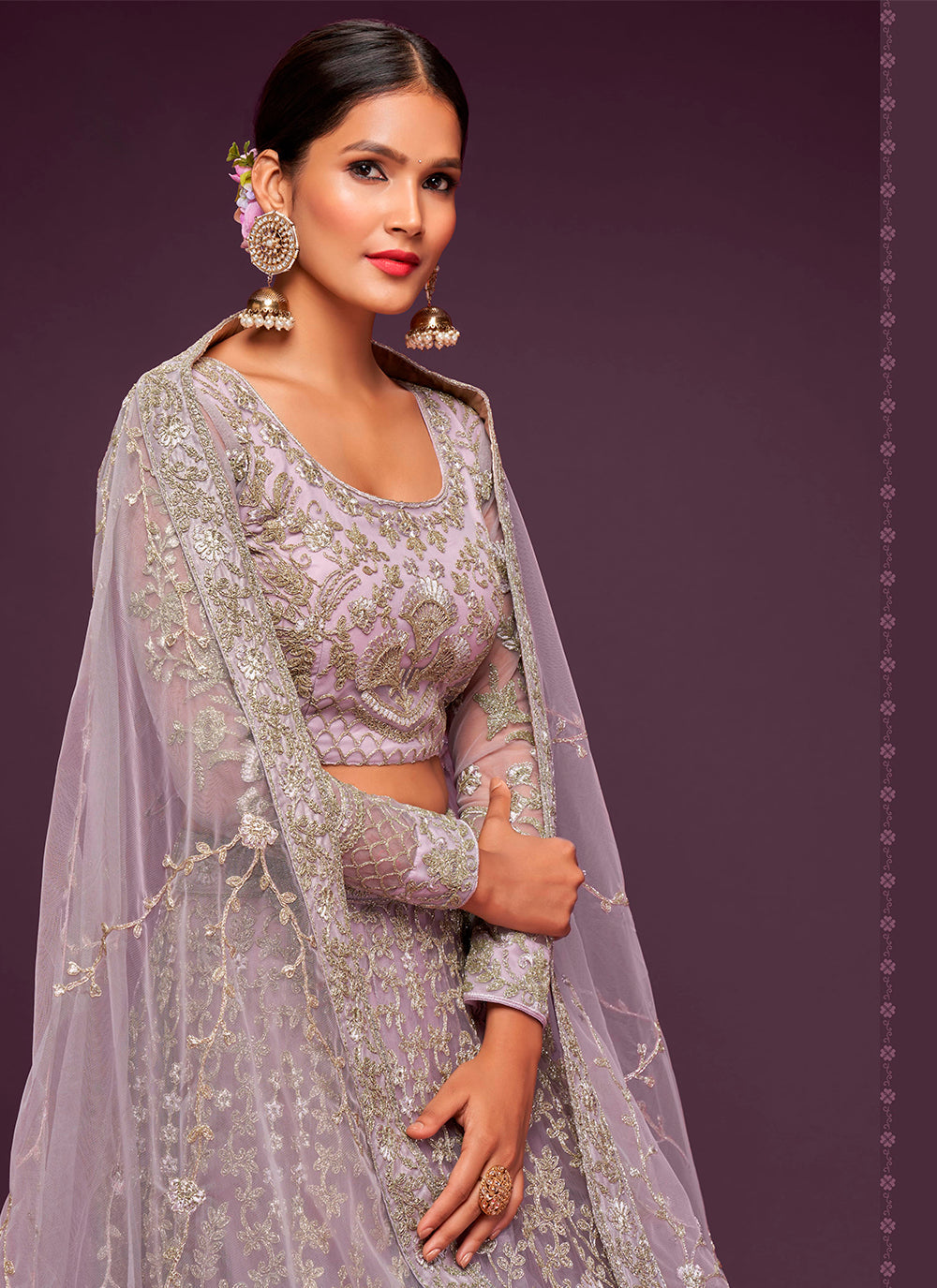 Lavender Zari Embroidered Net Lehenga Choli