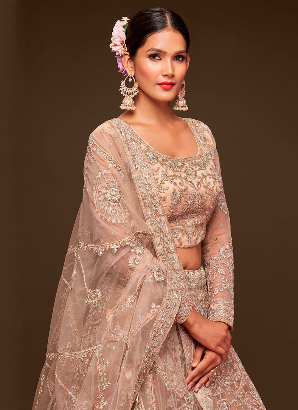 Light Beige Zari Embroidered Net Lehenga Choli