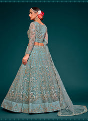 Aqua Blue Zari Embroidered Net Lehenga Choli