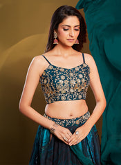 Teal Sequins Zari Embroidered Crepe Lehenga Choli