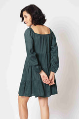 Teal Colored Viscose Panelled Solid Western Short Dress