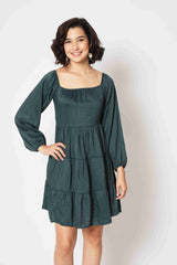 Teal Colored Viscose Panelled Solid Western Short Dress