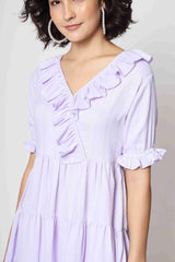 Light Purple Viscose Frill Solid Western Short Dress