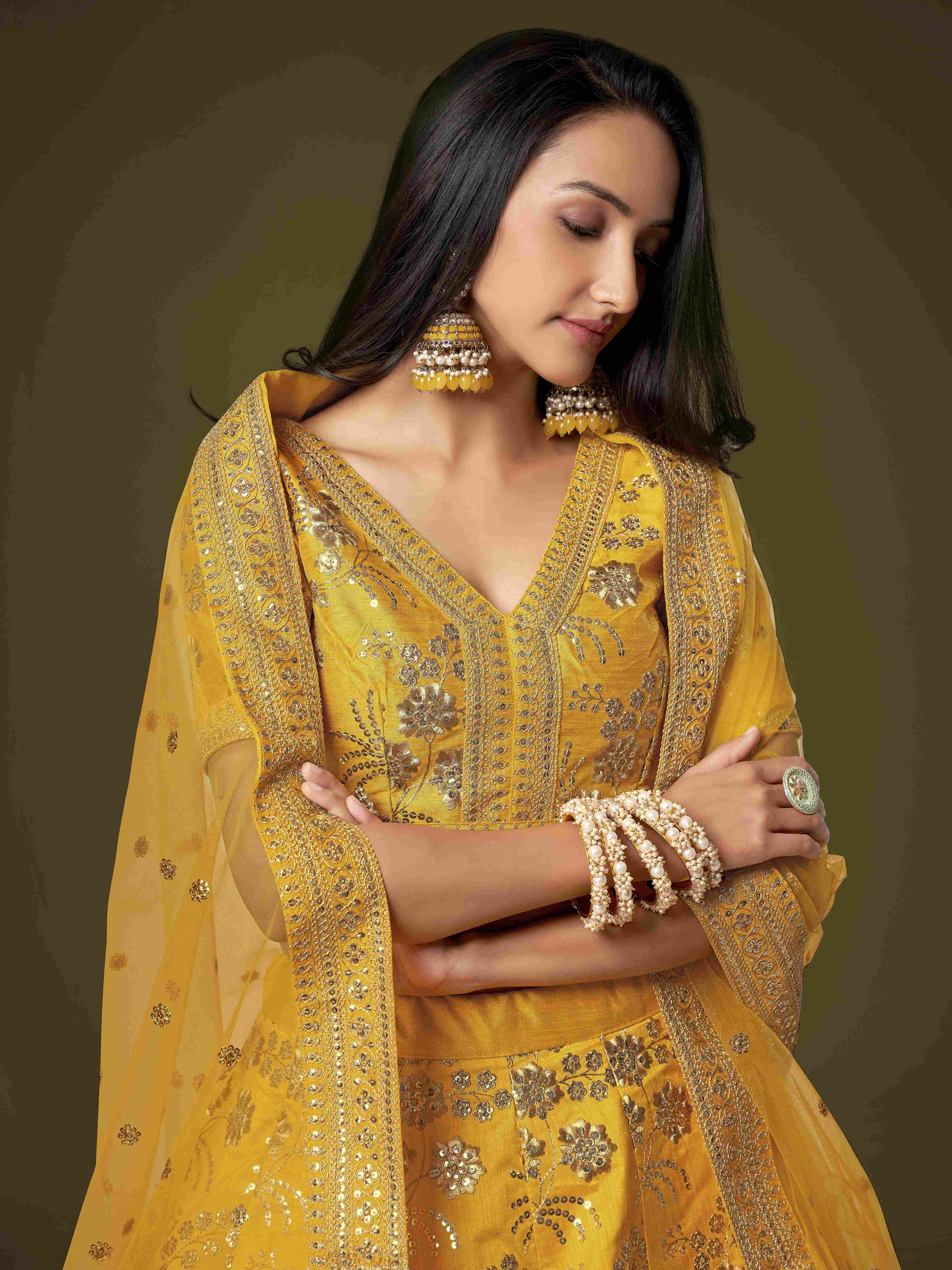 Yellow Sequins Dori Embroidered Net Lehenga Choli