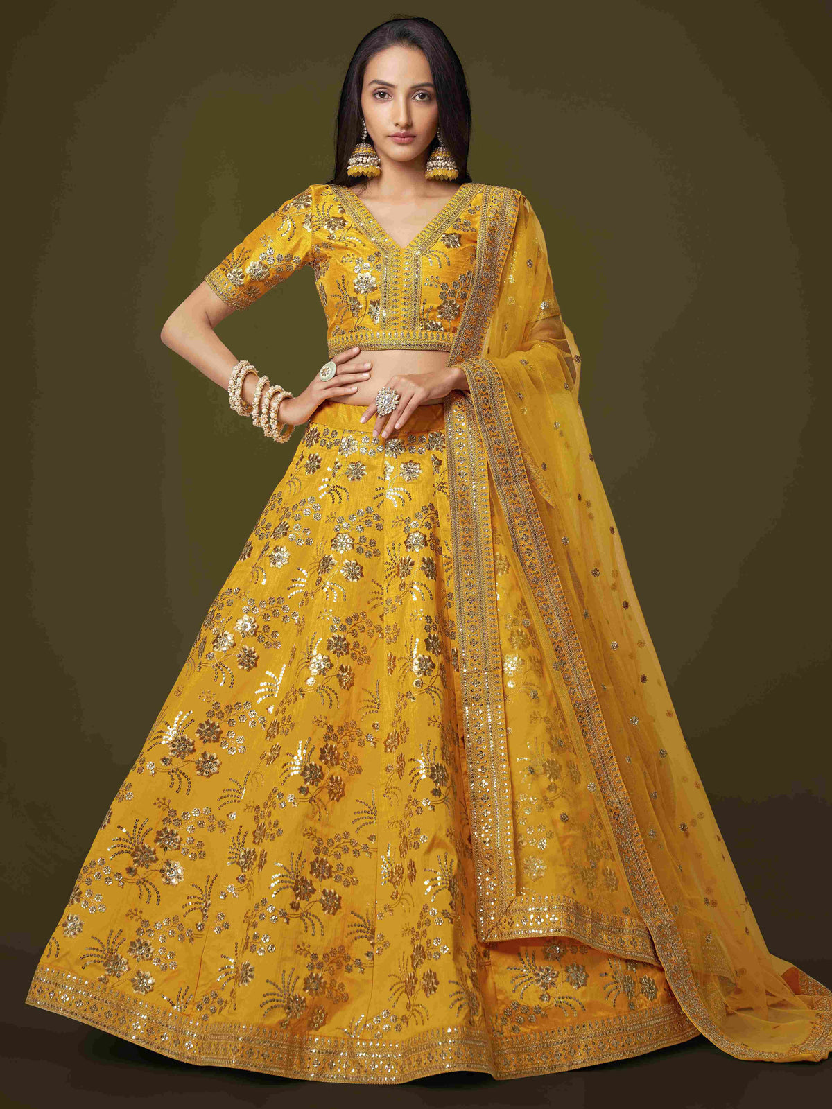 Yellow Sequins Dori Embroidered Net Lehenga Choli