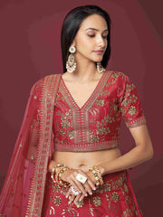 Red Sequins Dori Embroidered Net Lehenga Choli