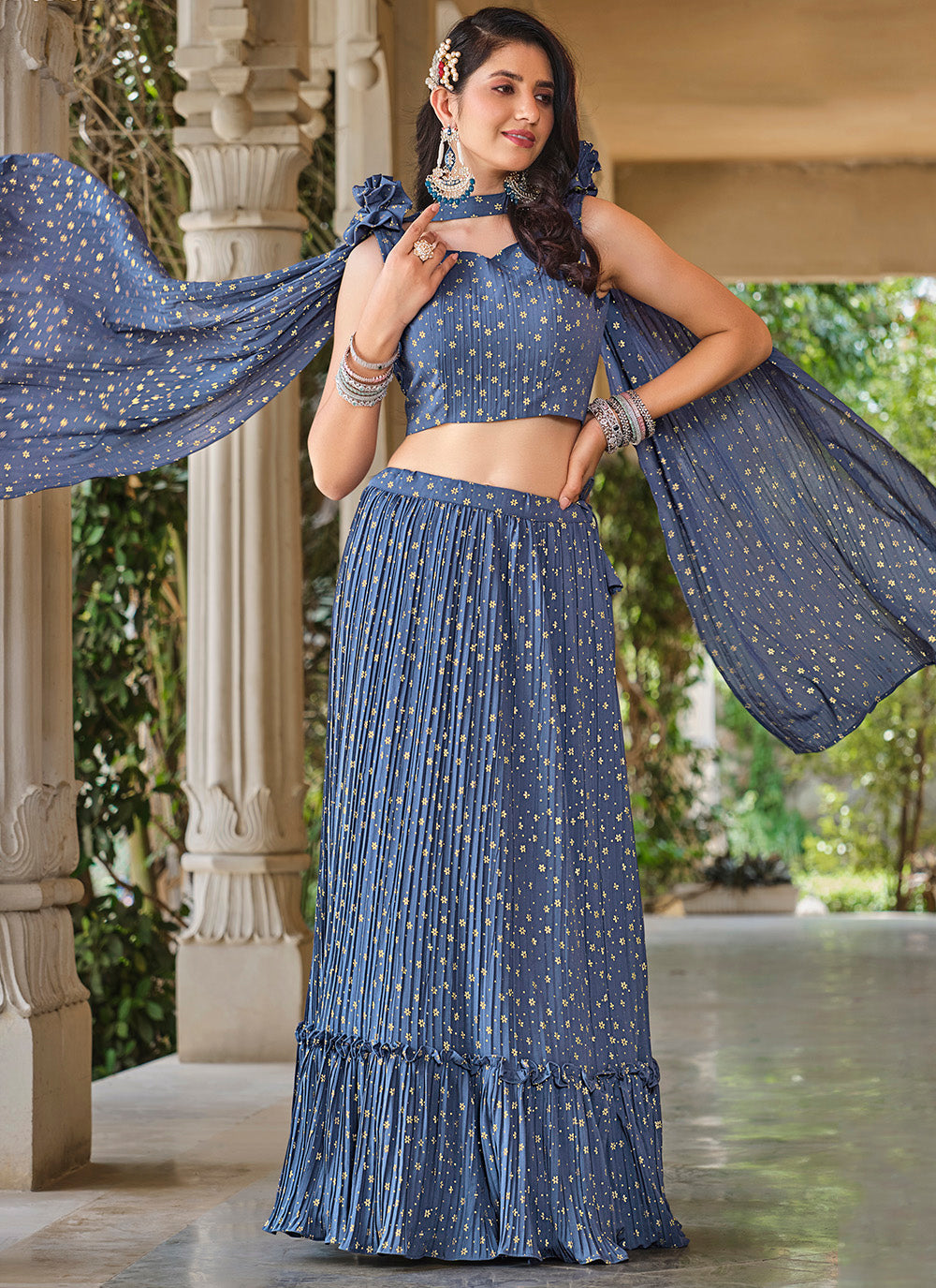 Grey Foil Printed Crush Georgette Lehenga Choli