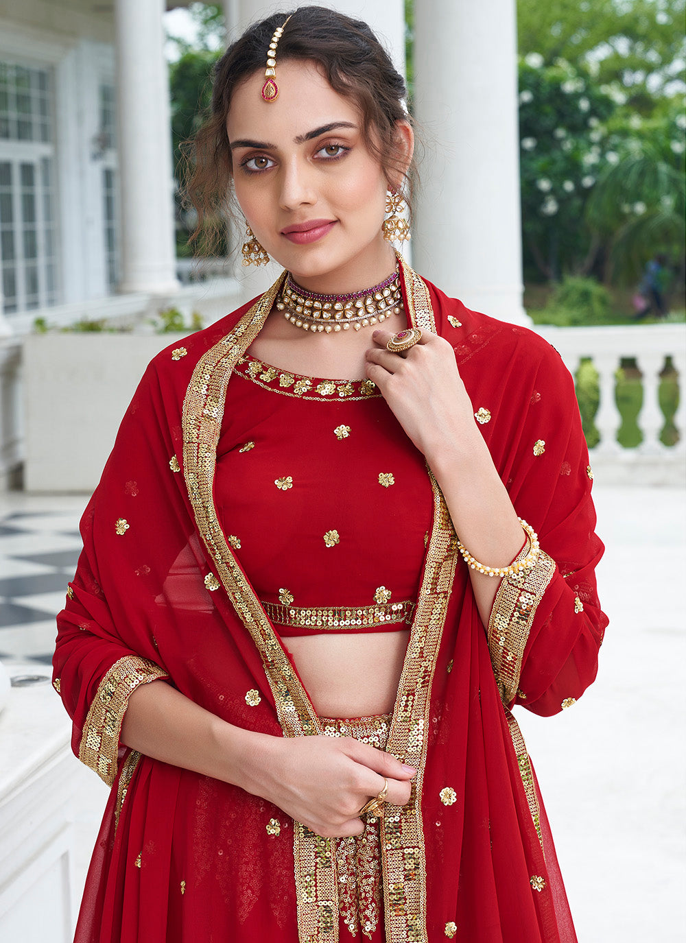 Red Sequins Embroidered Faux Georgette Lehenga Choli