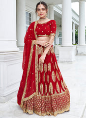 Red Sequins Embroidered Faux Georgette Lehenga Choli