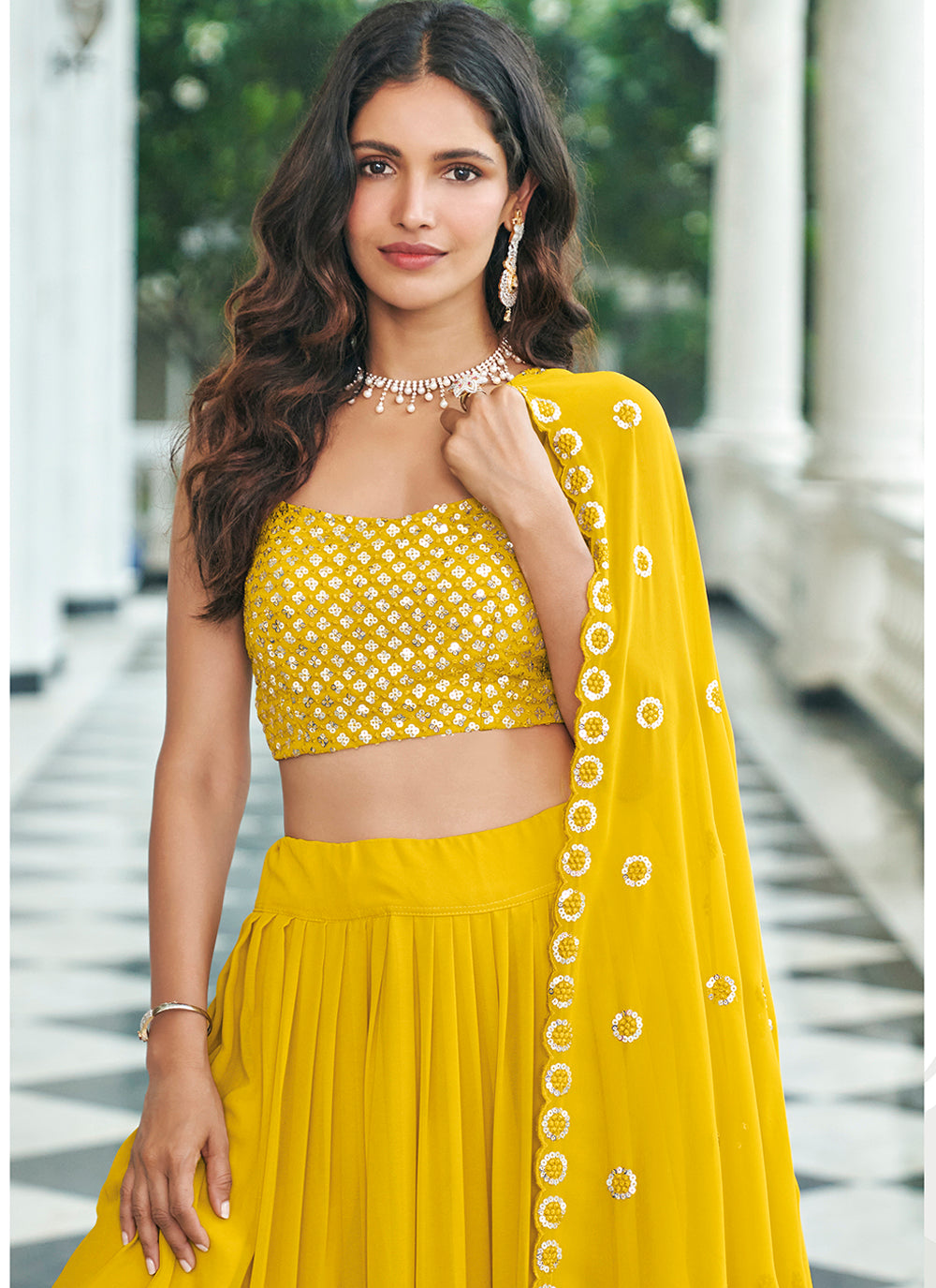 Yellow Sequins Embroidered Faux Georgette Lehenga Choli