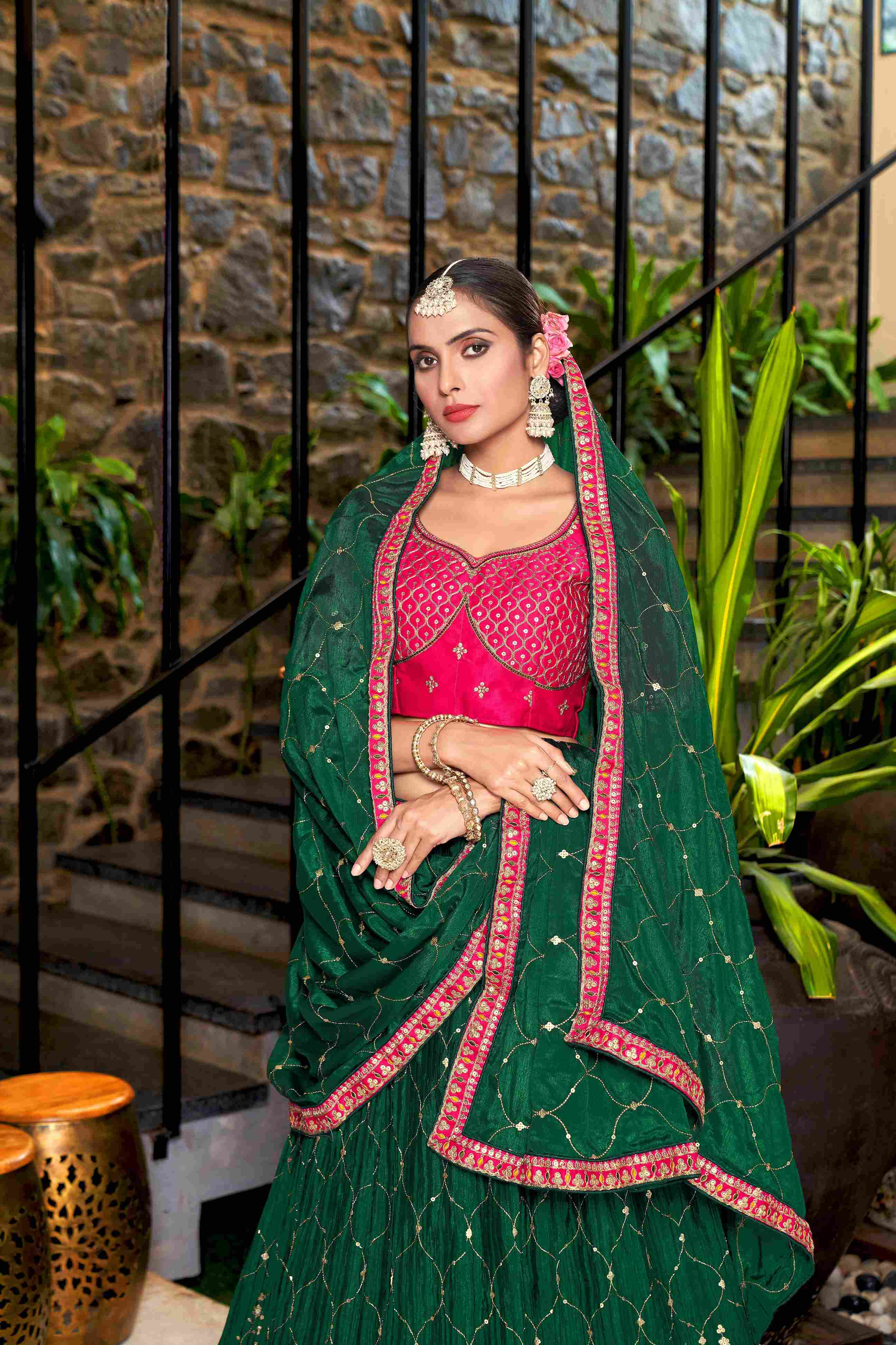 Green Crush Embroidered Chinon Lehenga Choli