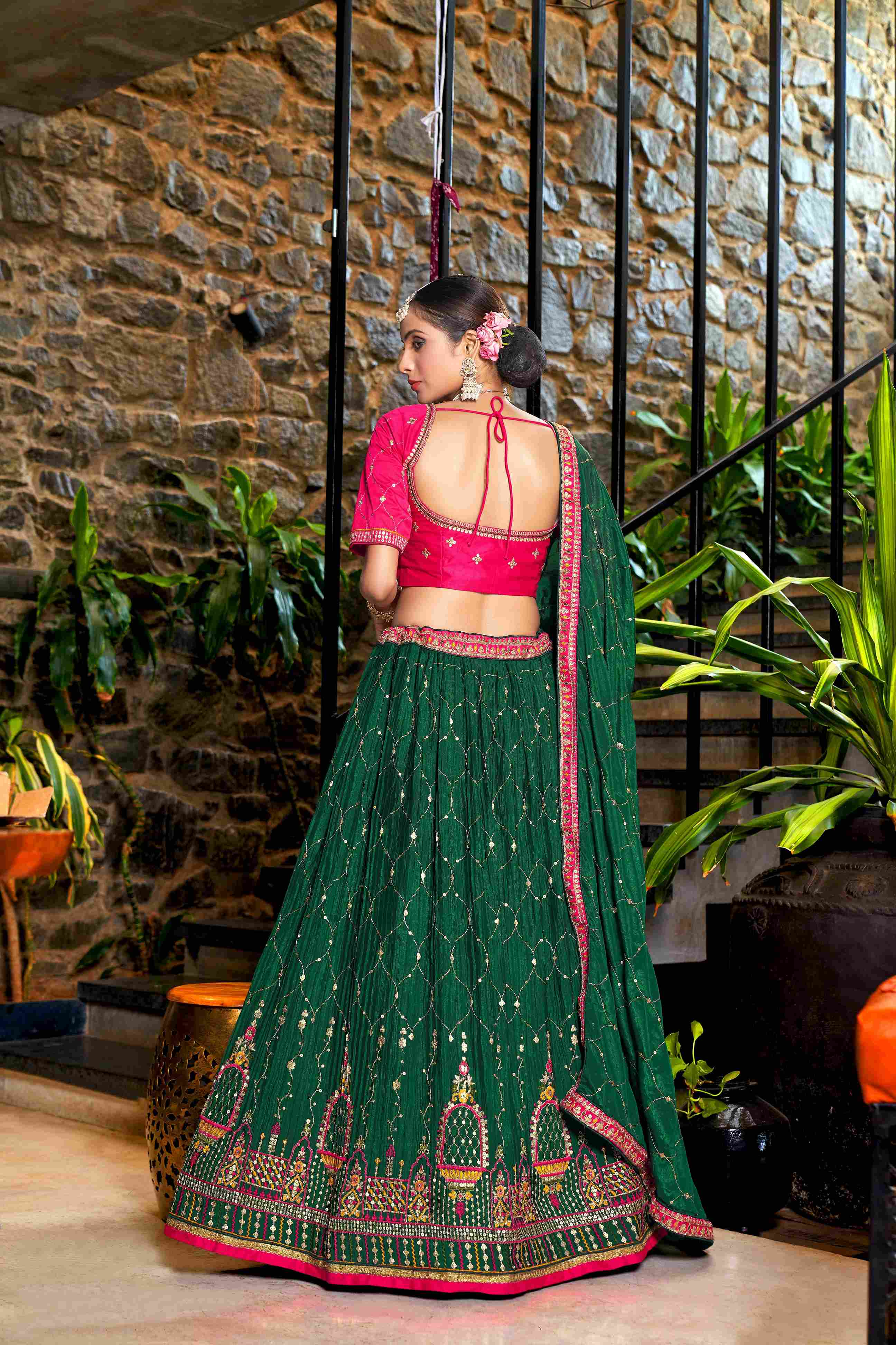 Green Crush Embroidered Chinon Lehenga Choli