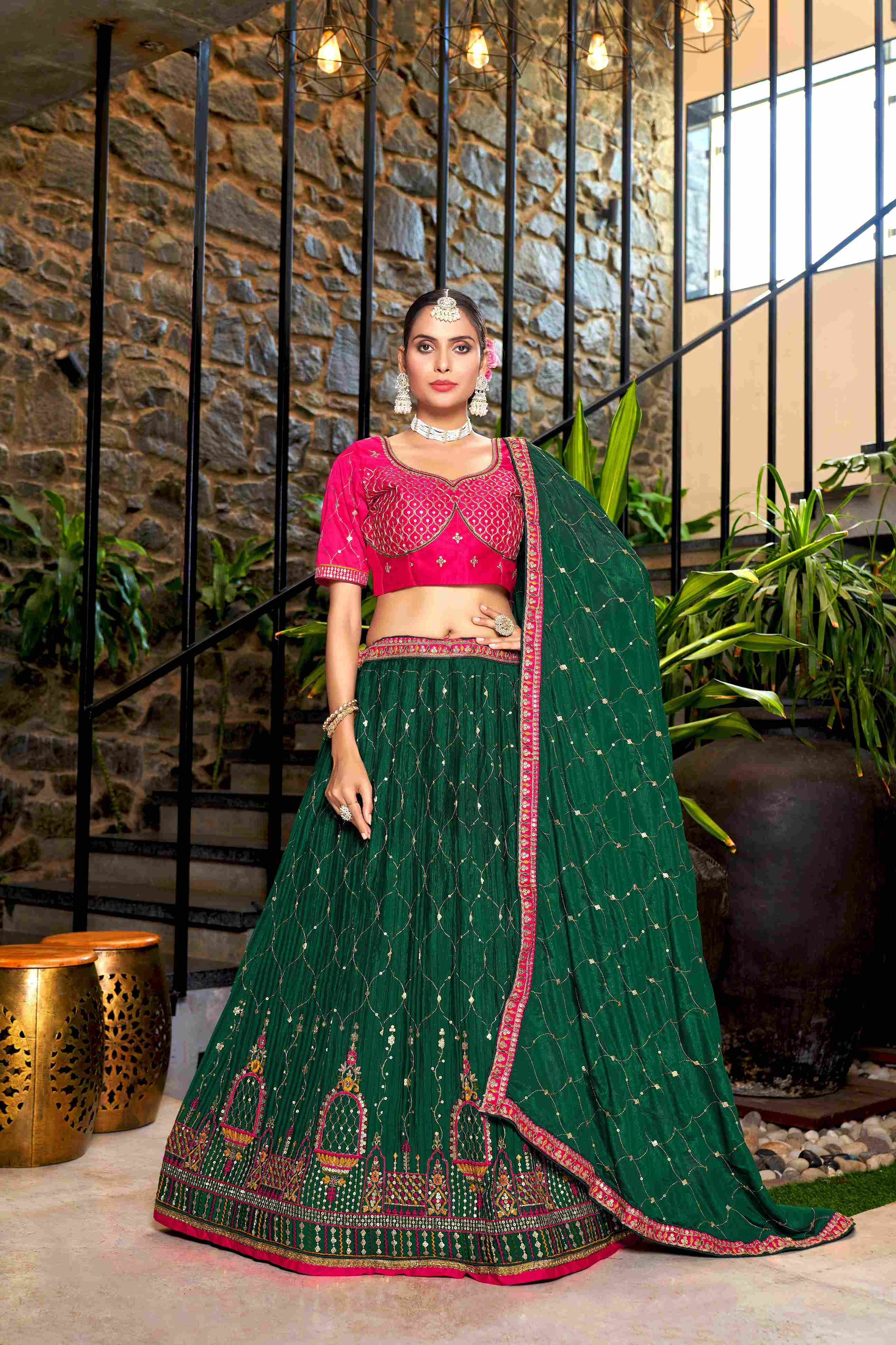 Green Crush Embroidered Chinon Lehenga Choli