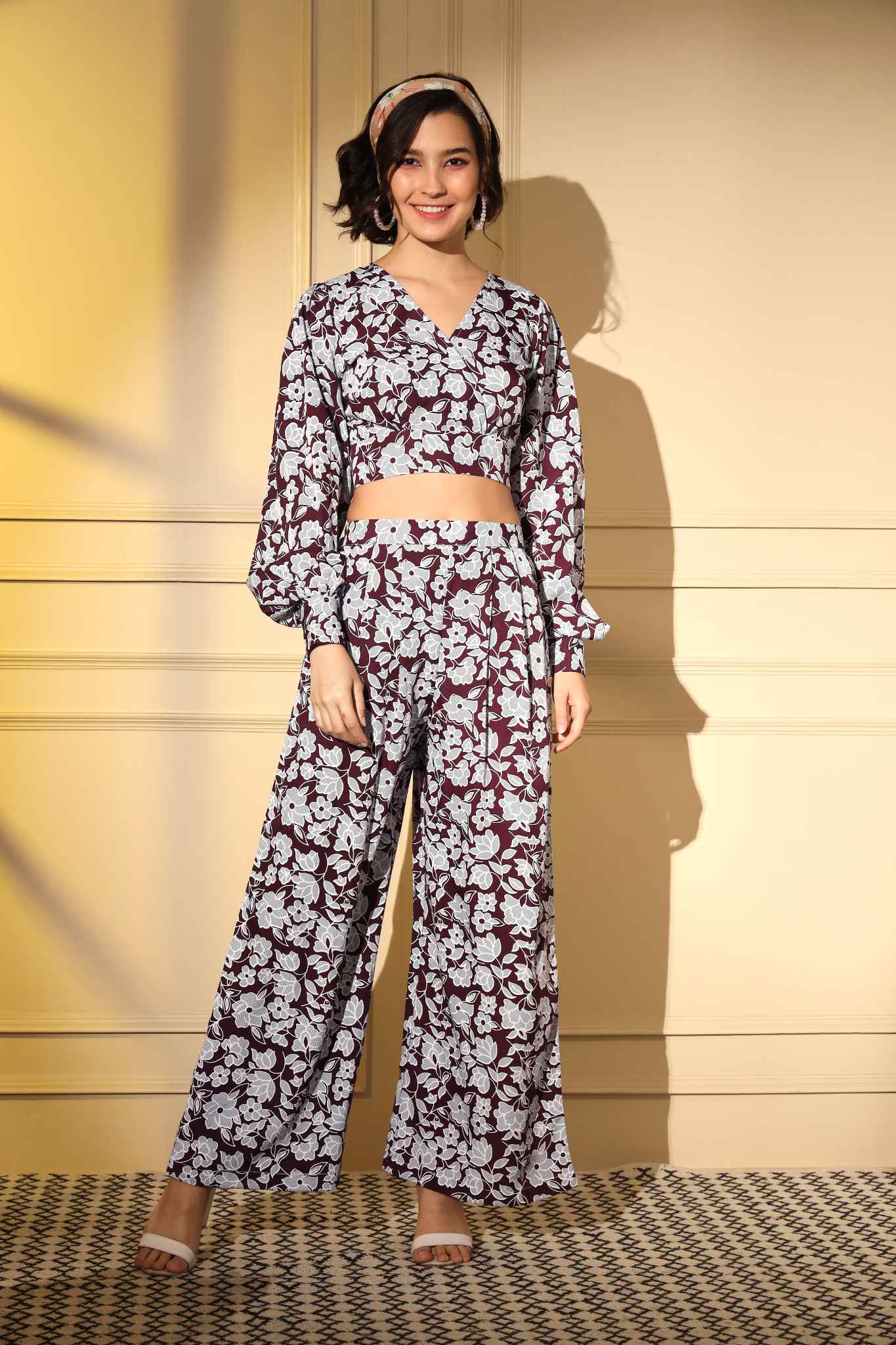 Maroon Crepe Printed Cord Set