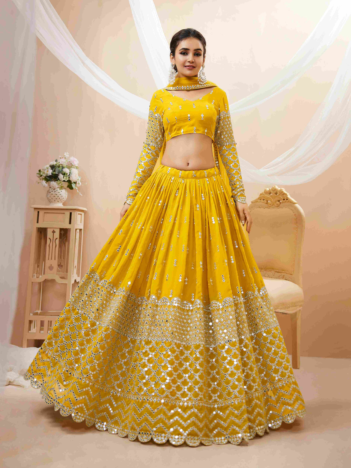 Yellow Sequins Embroidered Net Lehenga Choli