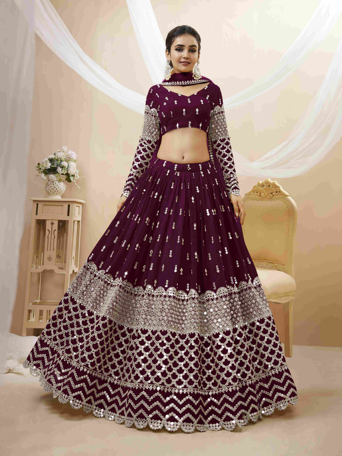 Wine Sequins Embroidered Net Lehenga Choli