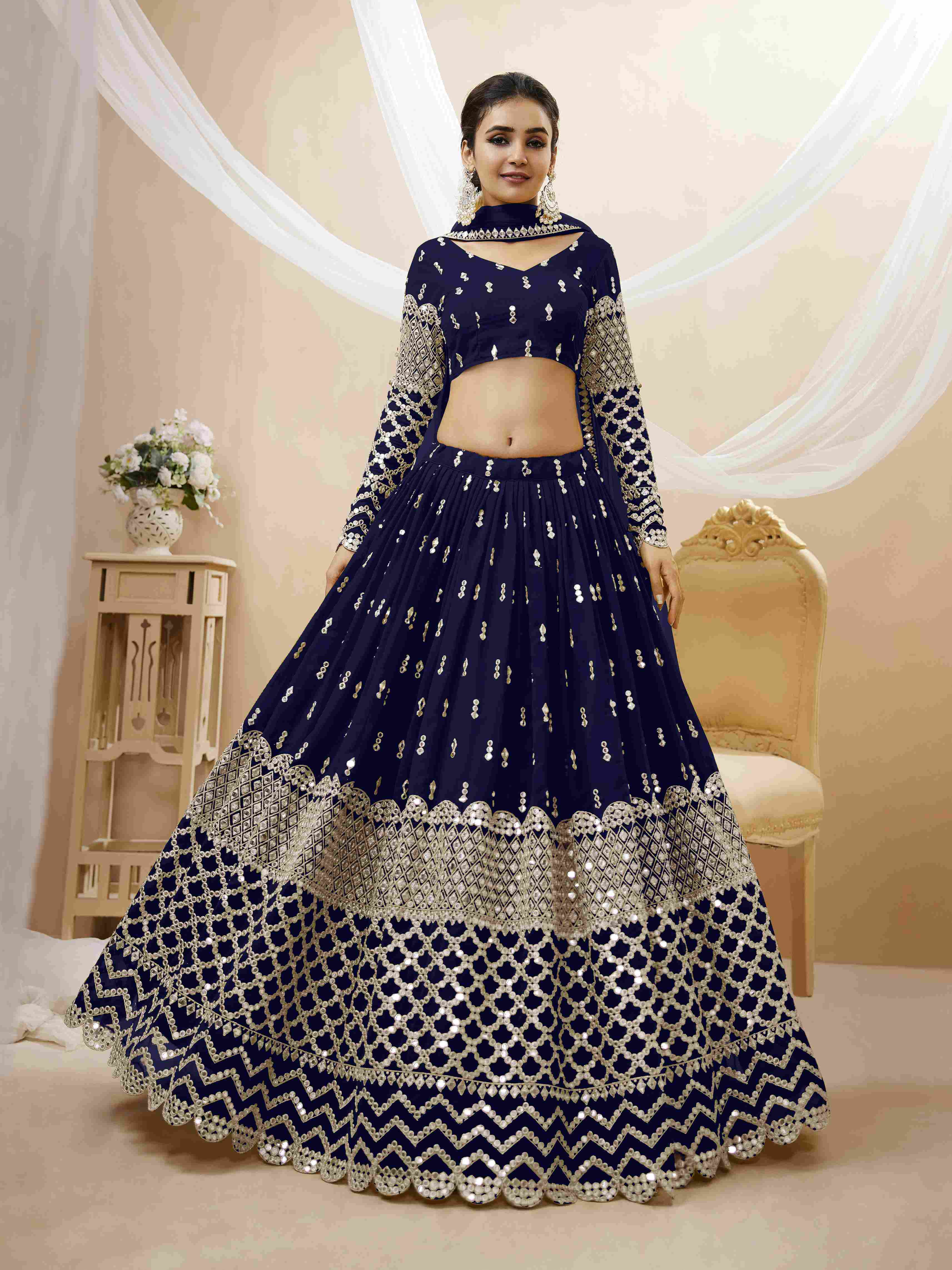 Navy Blue Sequins Embroidered Net Lehenga Choli