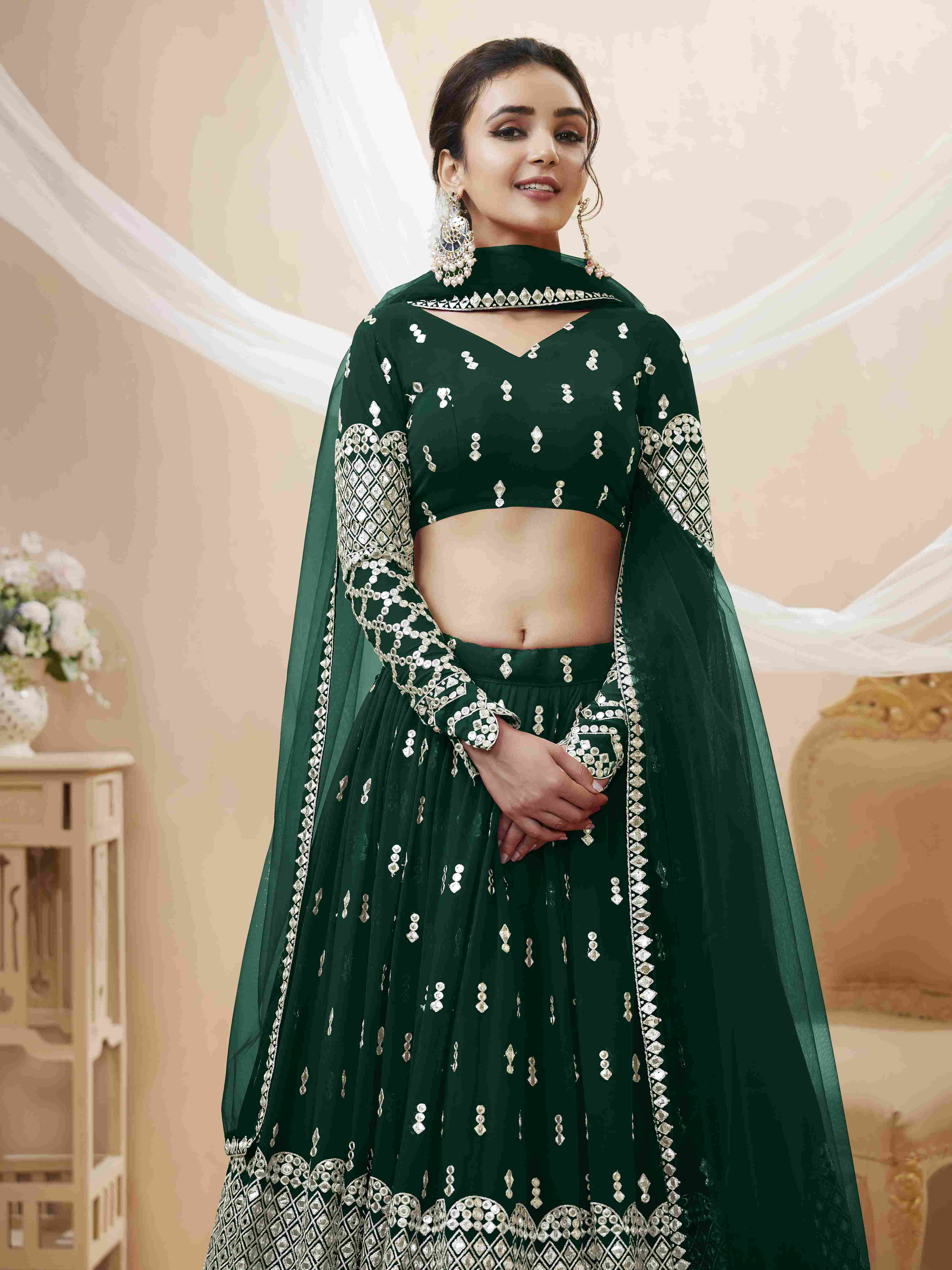 Green Sequins Embroidered Net Lehenga Choli