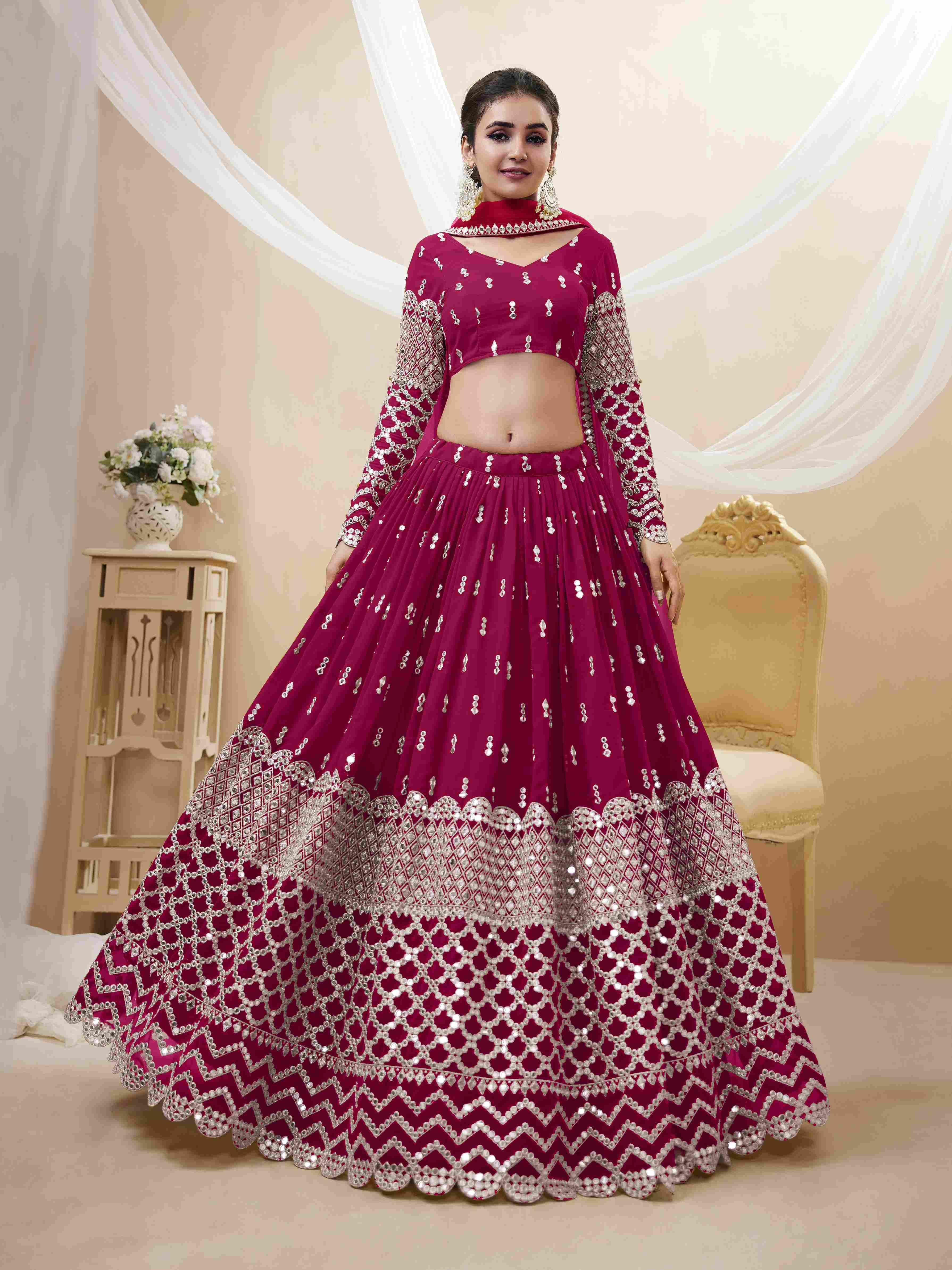 Hot Pink Sequins Embroidered Net Lehenga Choli