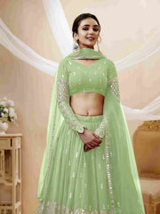 Pista Green Sequins Embroidered Net Lehenga Choli