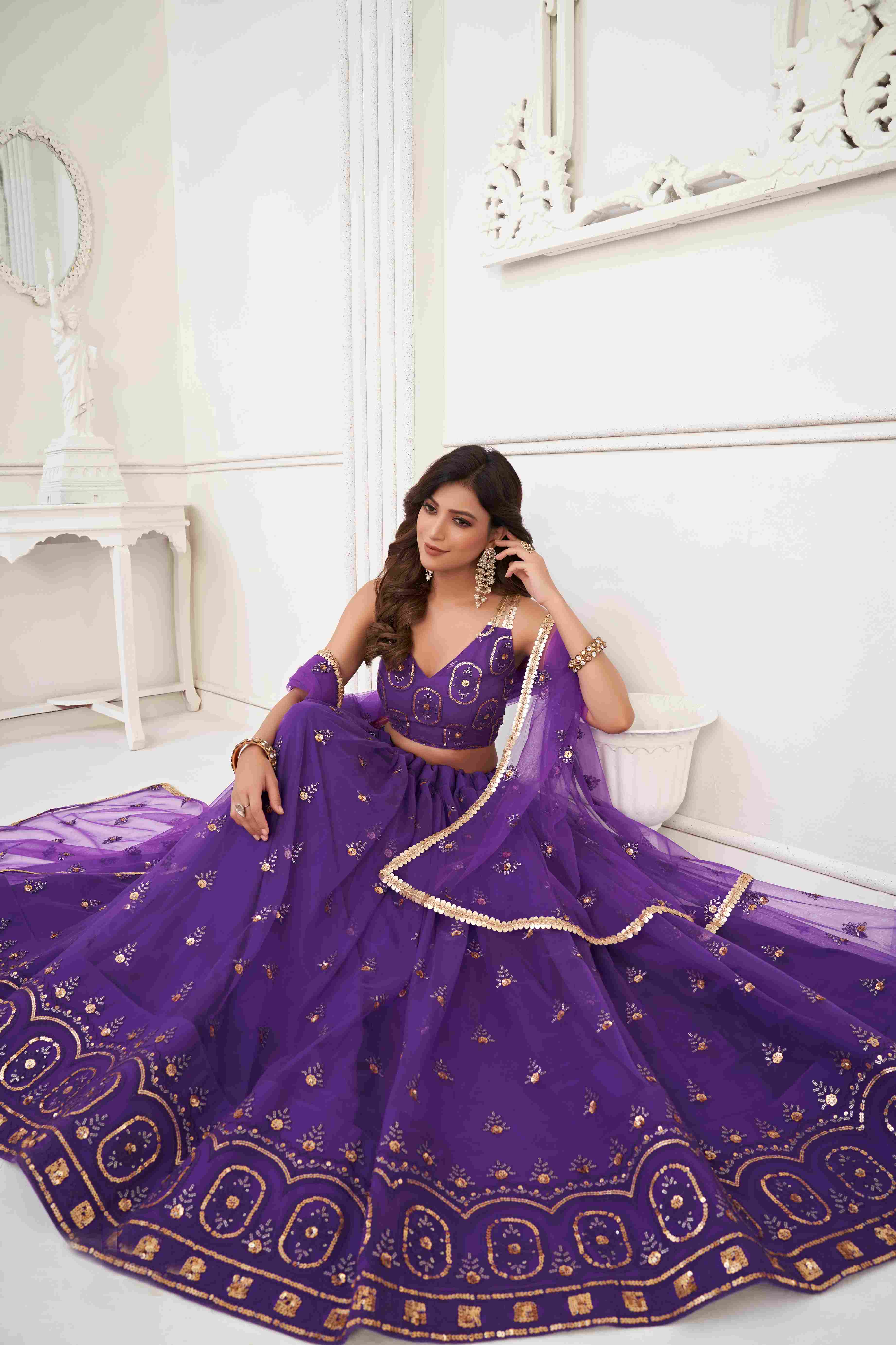 Purple Sequins Embroidered Net Lehenga Choli