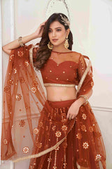 Brown Sequins Embroidered Net Lehenga Choli