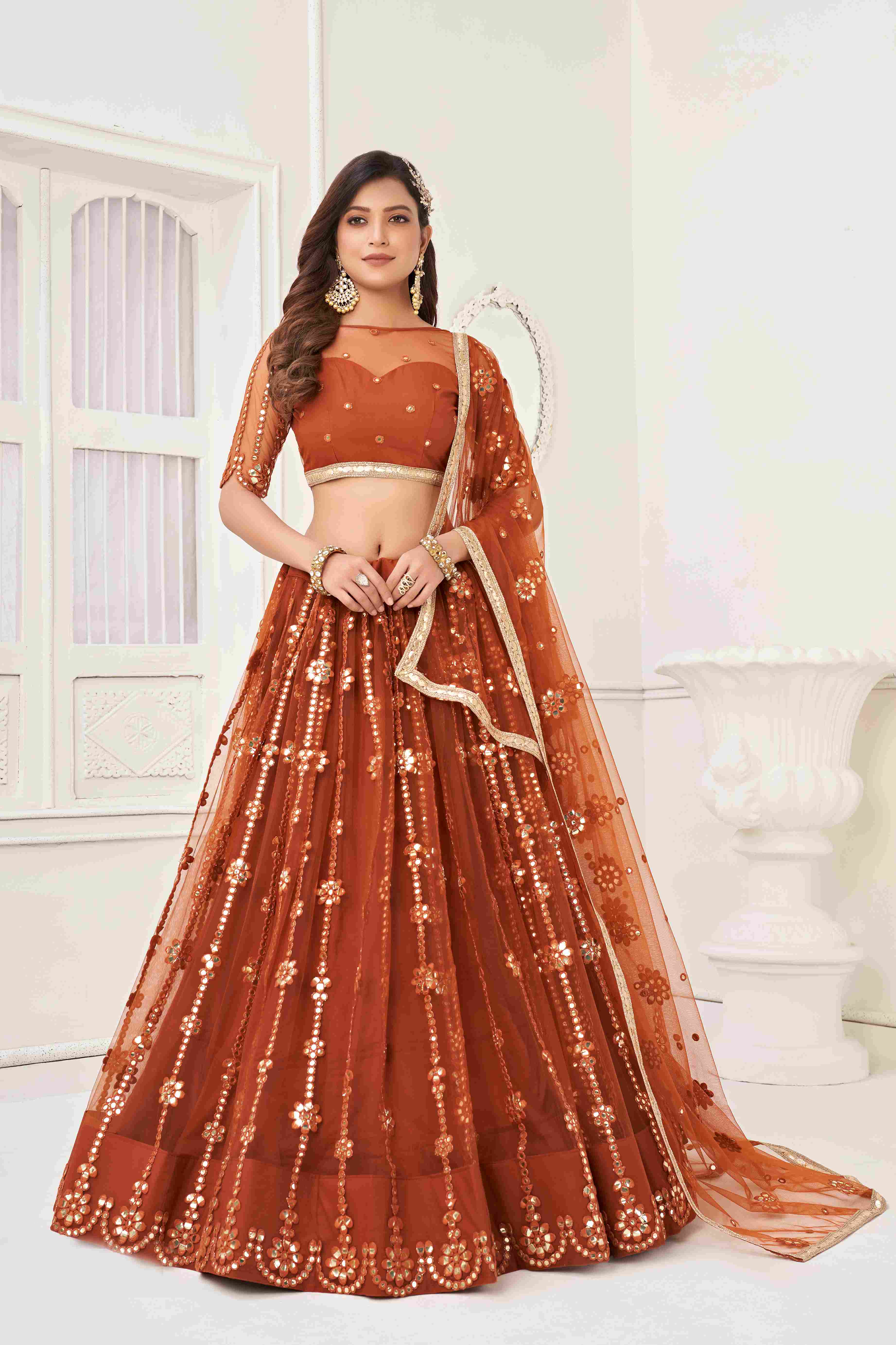 Brown Sequins Embroidered Net Lehenga Choli