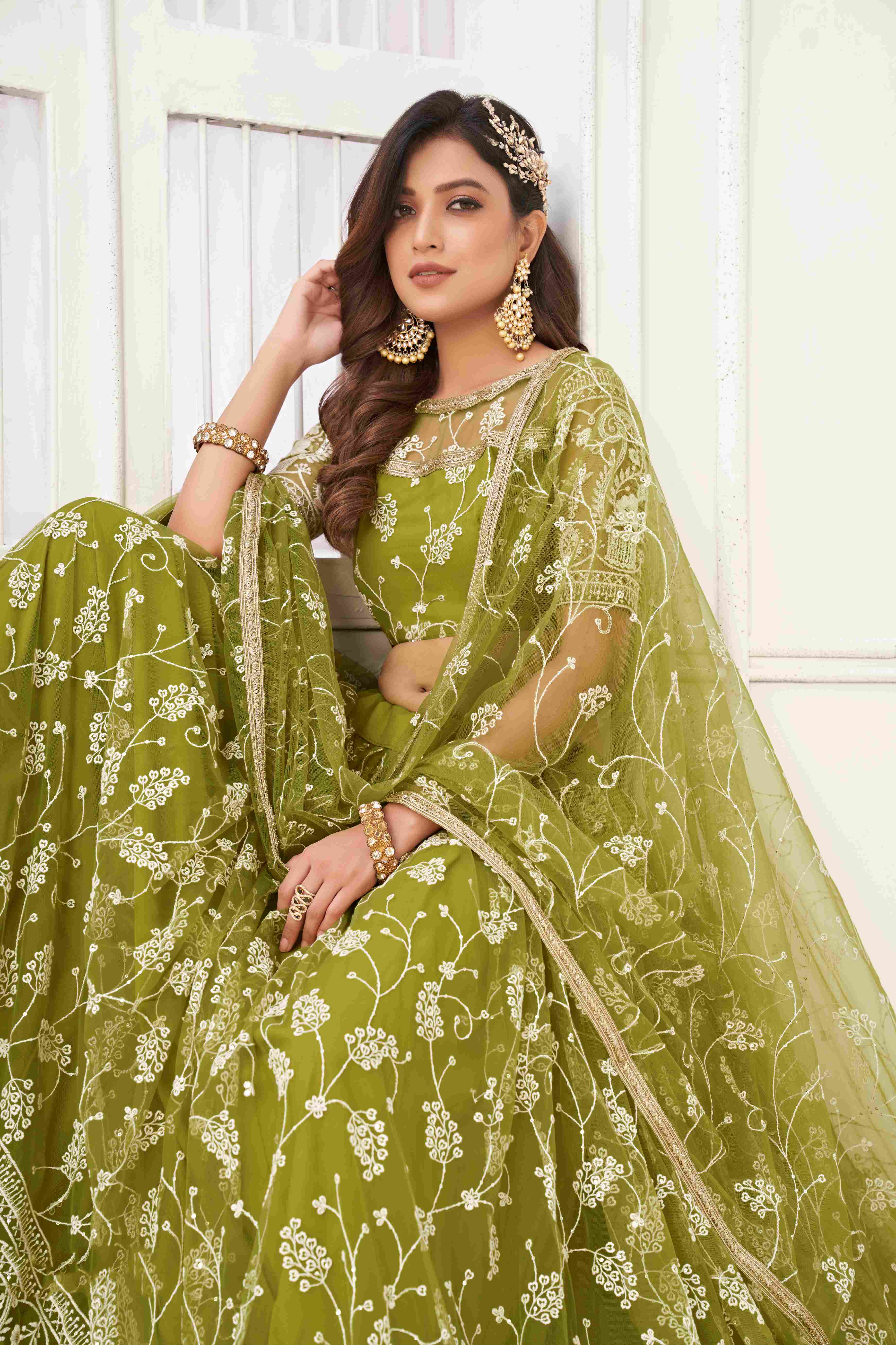 Olive Green Sequins Embroidered Net Lehenga Choli