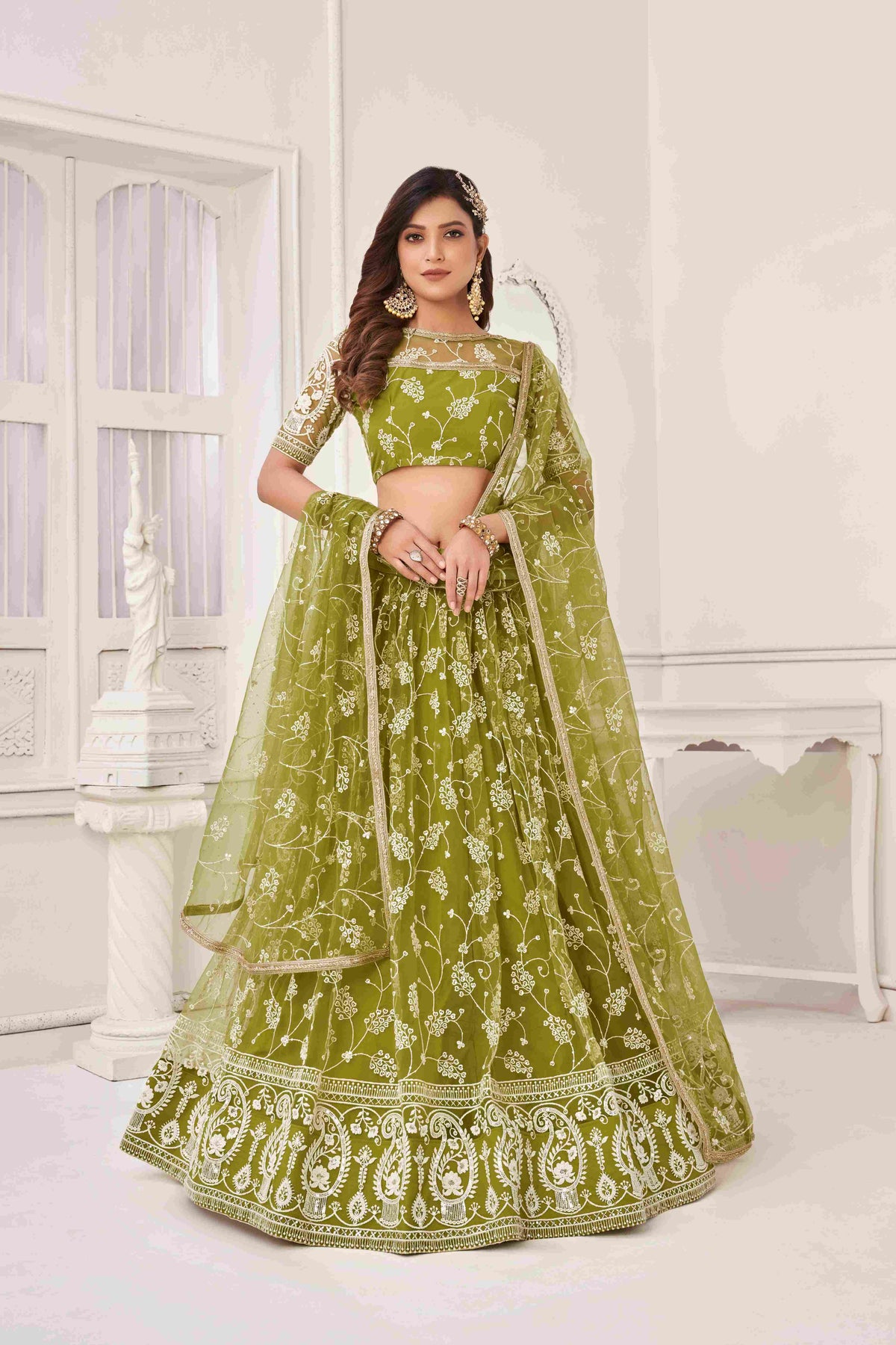 Olive Green Sequins Embroidered Net Lehenga Choli