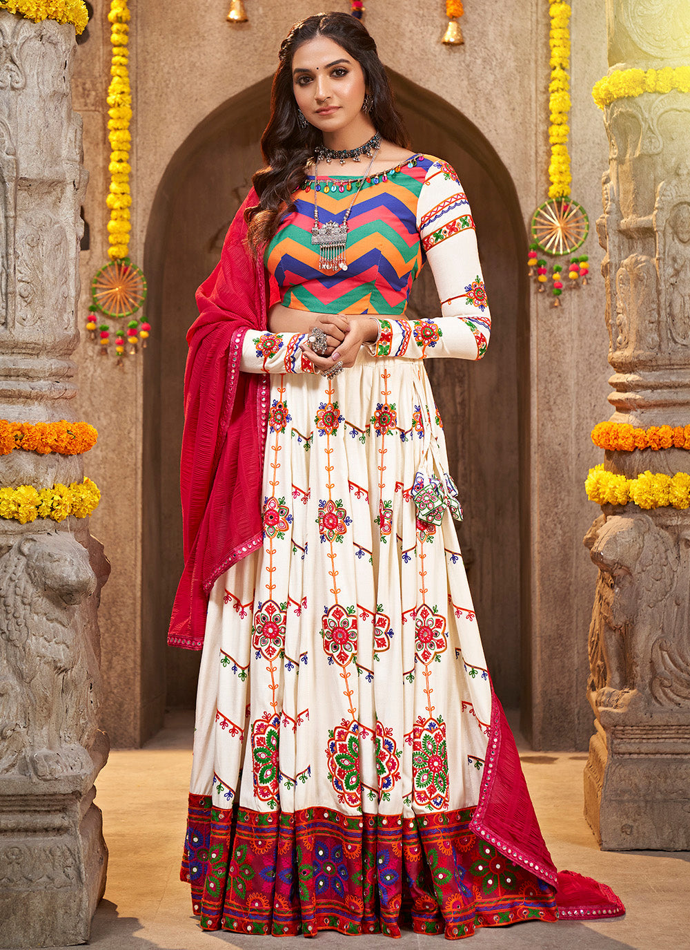 Pearl White Mirror Embroidered Cotton Navratri Lehenga Choli