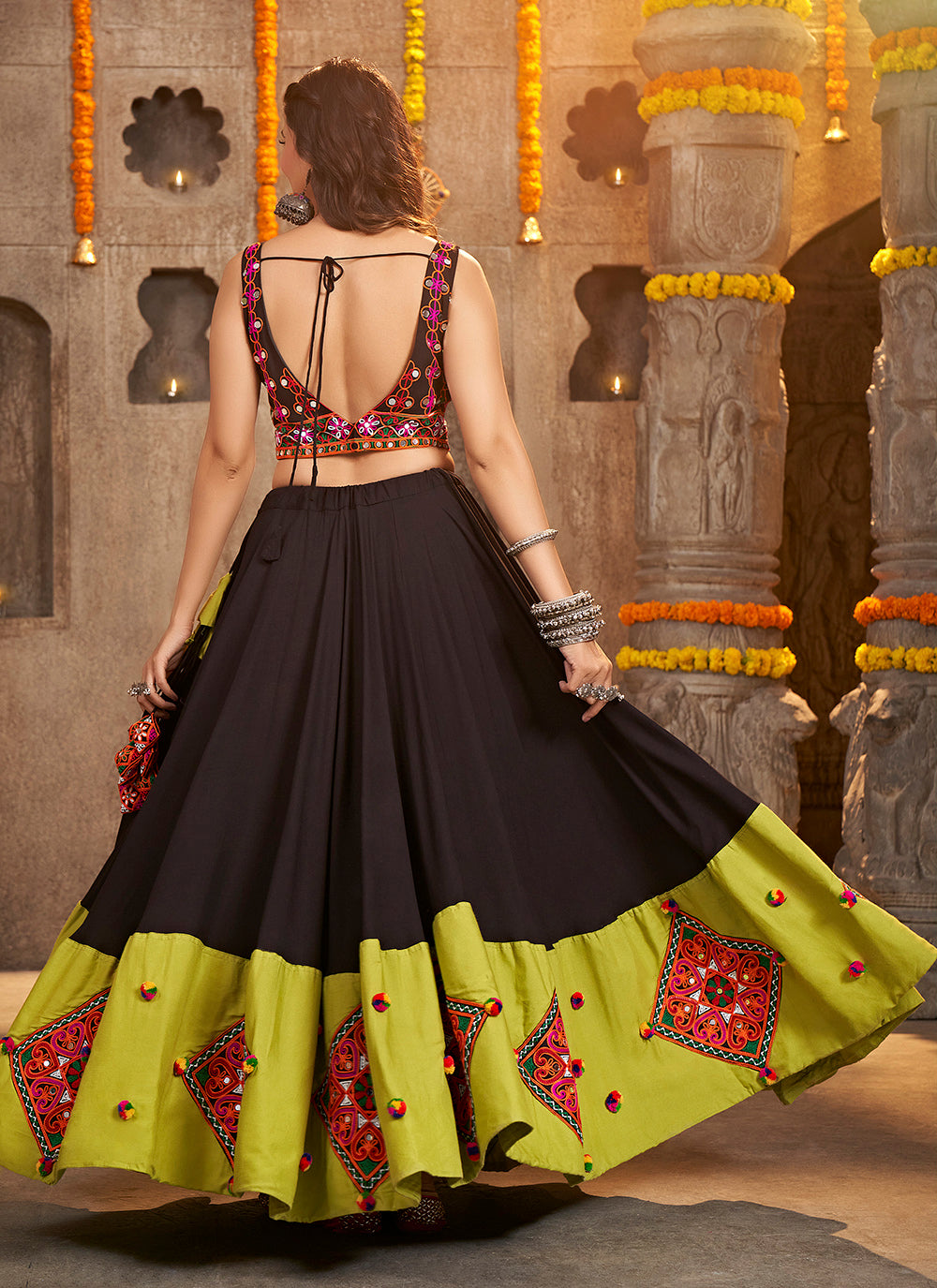 Charcoal Black Mirror Embroidered Cotton Navratri Lehenga Choli