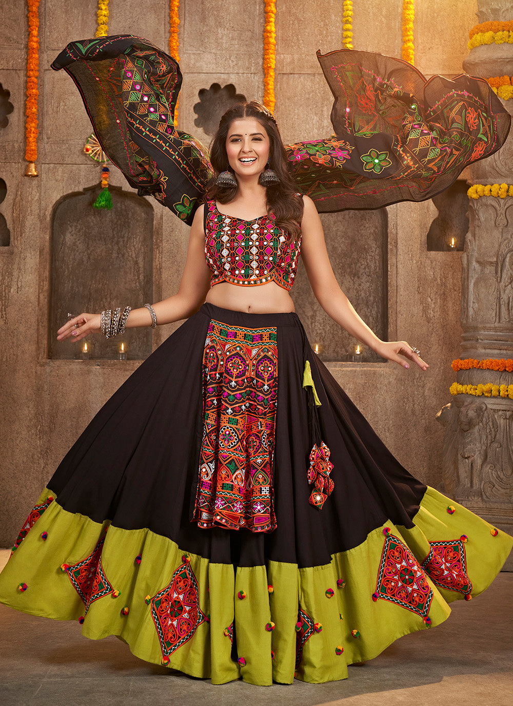 Charcoal Black Mirror Embroidered Cotton Navratri Lehenga Choli