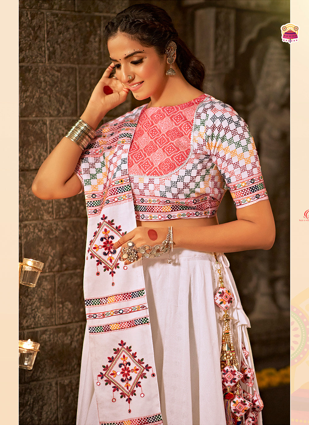 White Mirror Embroidered Cotton Navratri Lehenga Choli