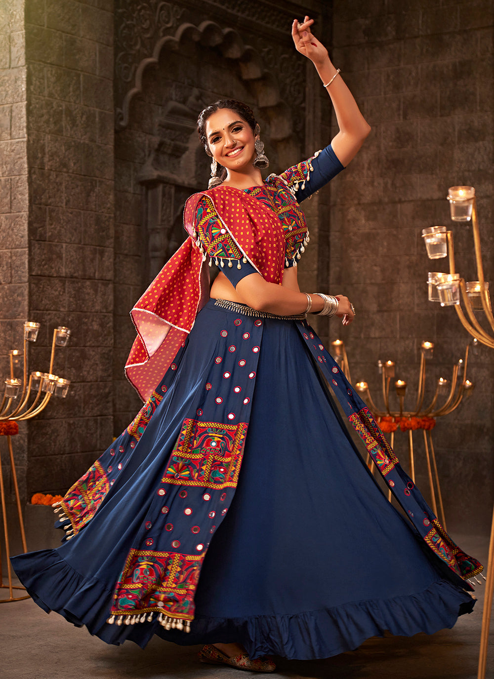 Blue Mirror Embroidered Rayon Navratri Lehenga Choli