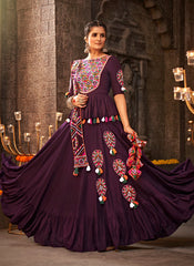 Purple Mirror Embroidered Viscose Rayon Navratri Lehenga Choli