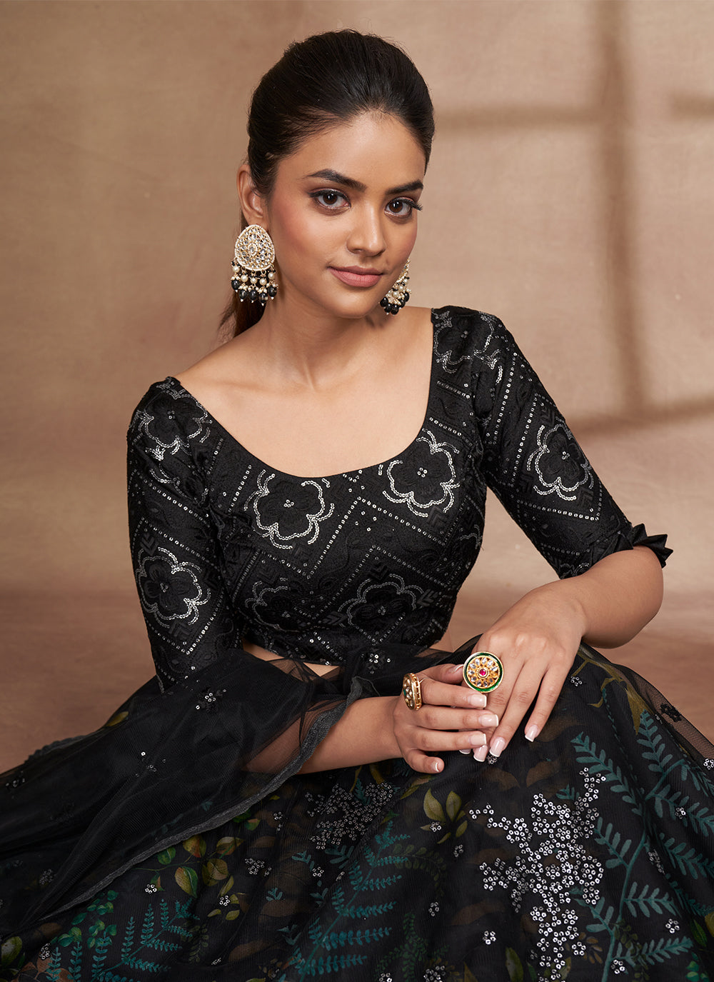 Black Digital Printed Net Lehenga Choli