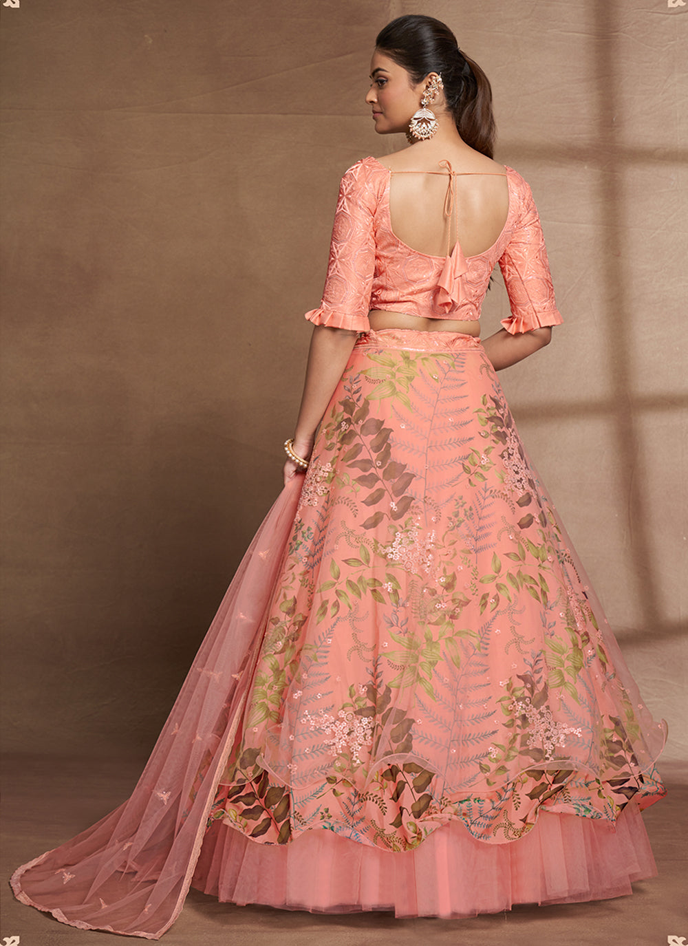 Peach Digital Printed Net Lehenga Choli