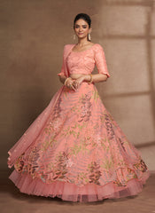 Peach Digital Printed Net Lehenga Choli