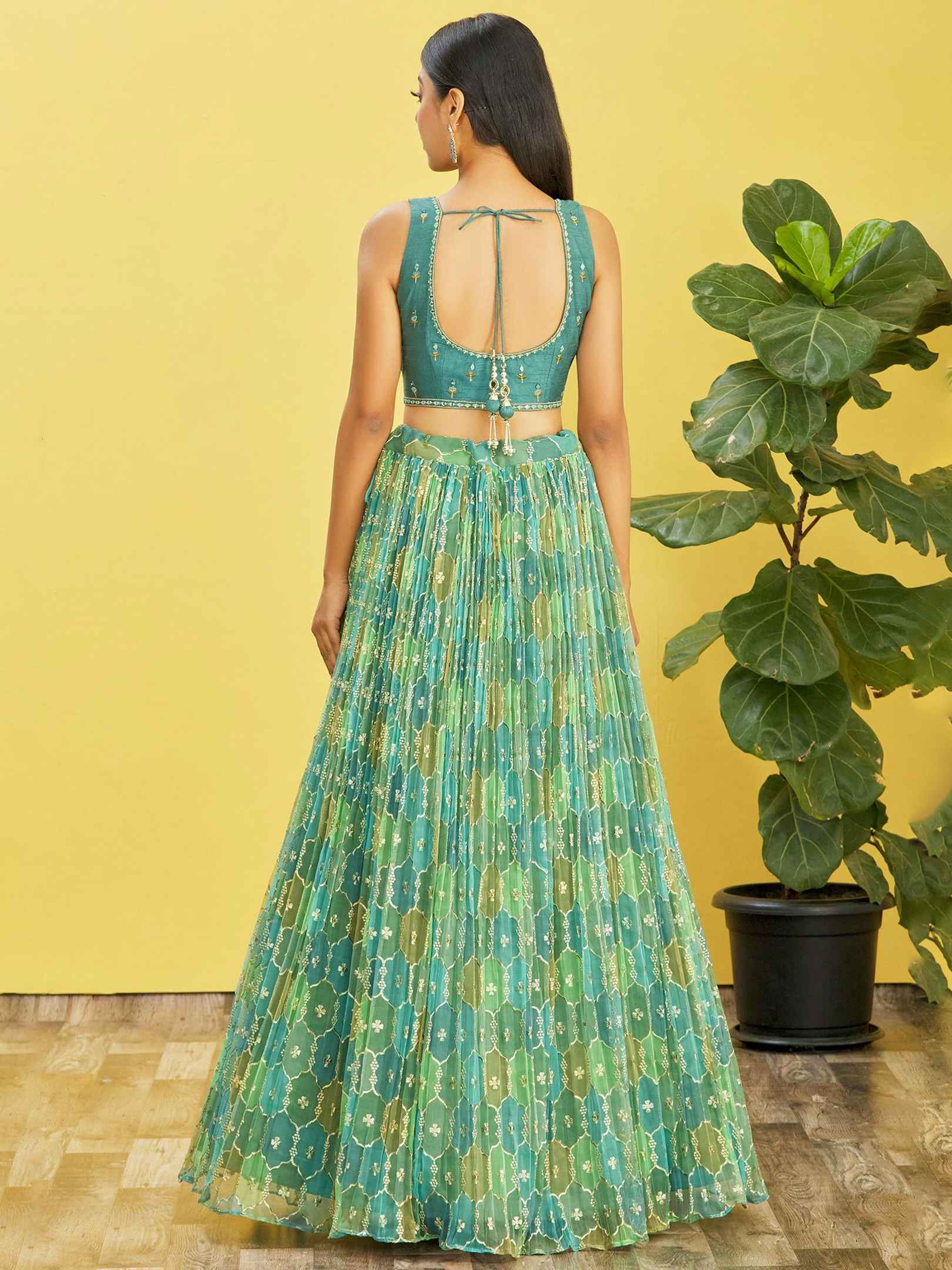 Green Printed Net Lehenga Choli