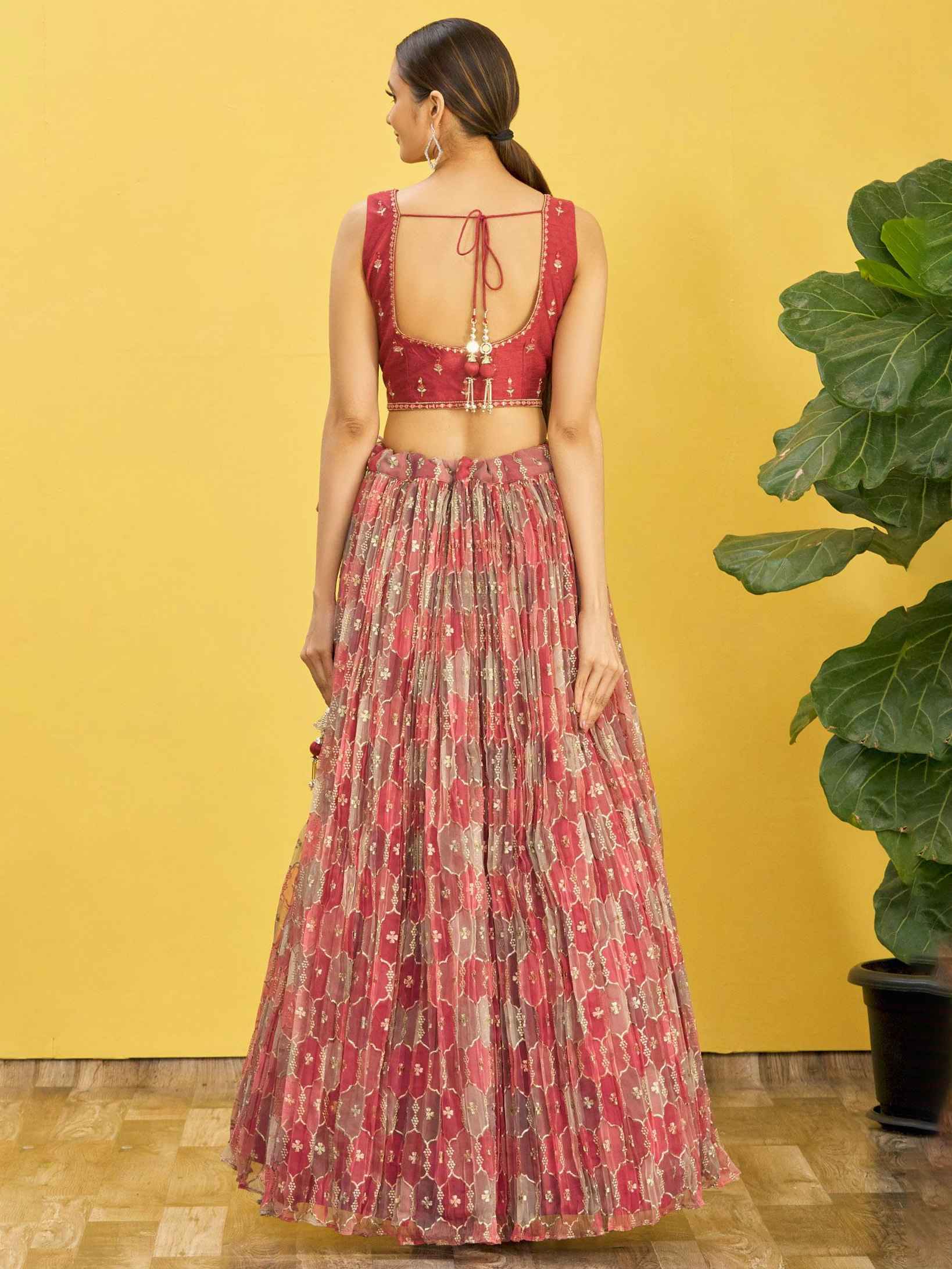 Brown Printed Net Lehenga Choli